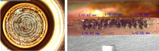 Surface and cross-section of welded copper connectors